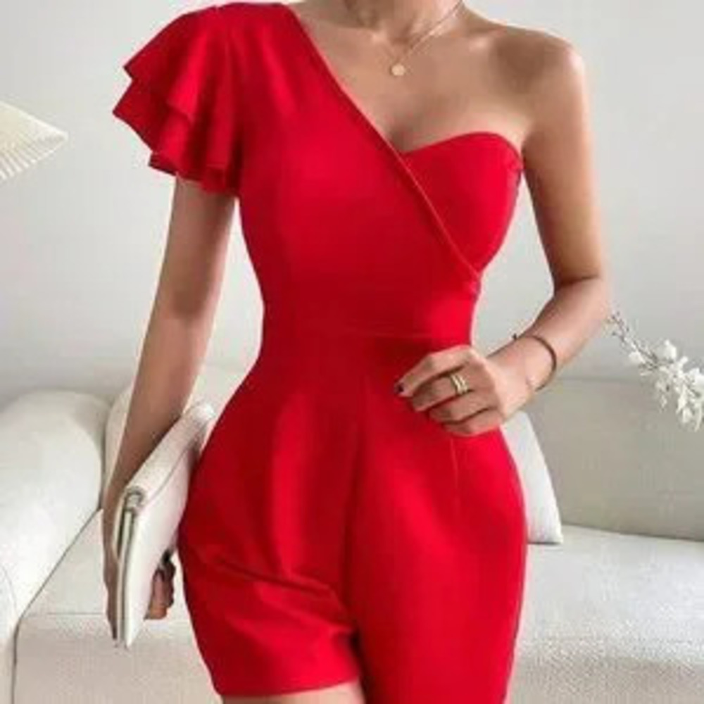 ZARA Red Preppy Womens One Shoulder Butterfly Sleeve Romper